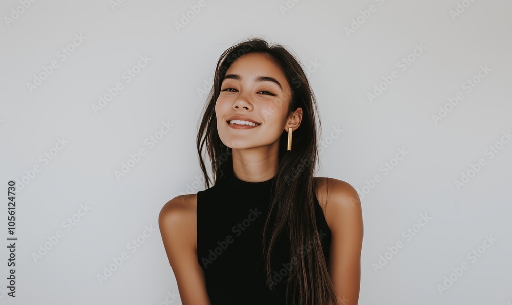Smiling Young Woman With Long Hair Wearing a Black Top Poses Against a Neutral Wall, Showcasing a Joyful Expression