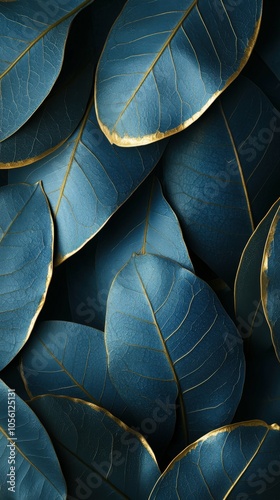 Elegant blue leaves with golden edges arranged artistically photo