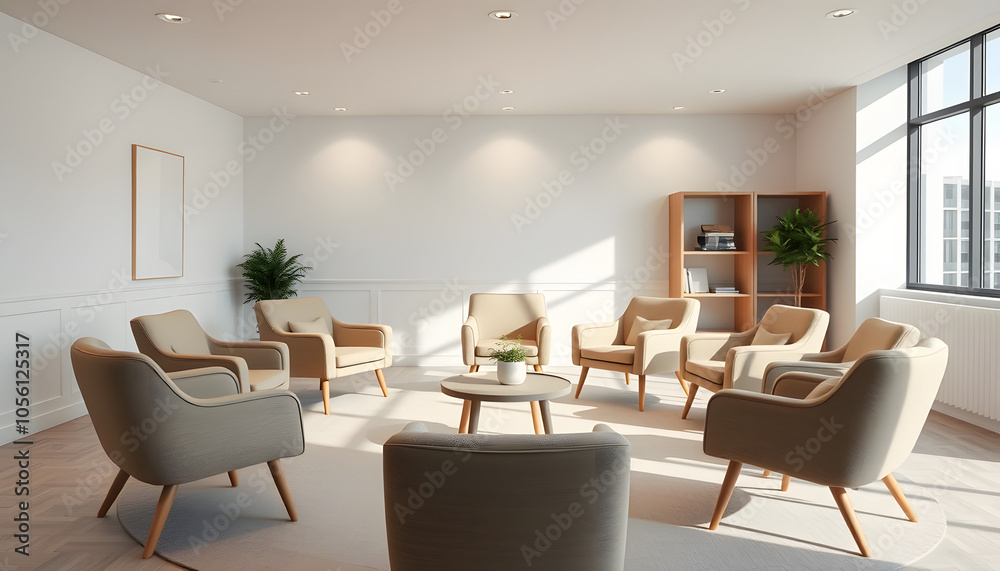 Background image of empty psychologists office with cozy chairs in circle as support group concept isolated with white highlights, png Background image of empty psychologists office with cozy chairs in circle as support group concept isolated with white highlights, png