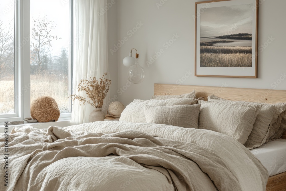 scandinavian bedroom, scandinavian-inspired bedroom with pastel bedding, wooden frame bed, and landscape print lit by large white windows scandinavian bedroom, scandinavian-inspired bedroom with pastel bedding, wooden frame bed, and landscape print lit by large white windows