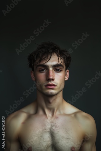 A Young Man With Tousled Hair Poses Against a Dark Background in a Close-Up Portrait Capturing Raw Emotion and Natural Beauty in Soft Lighting