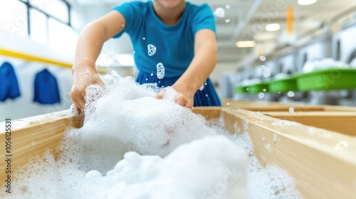 A child playing with bubbles in a laundry facility during a bright afternoon photo