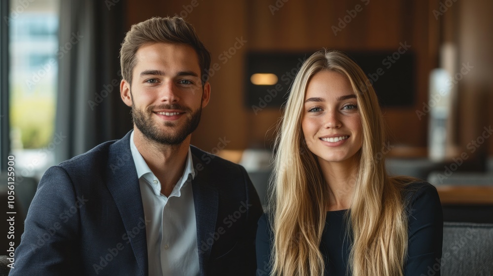 Businesswoman and businessman smiling looking at camera.
Meeting the new employee, a warm welcome Businesswoman and businessman smiling looking at camera.
Meeting the new employee, a warm welcome