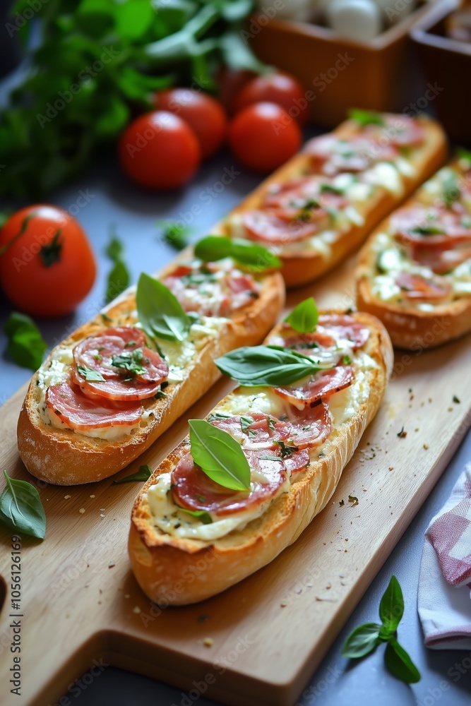 Rustic Bread Topped With Creamy Spread, Fresh Tomatoes, and Basil Leaves Served on a Wooden Board Rustic Bread Topped With Creamy Spread, Fresh Tomatoes, and Basil Leaves Served on a Wooden Board
