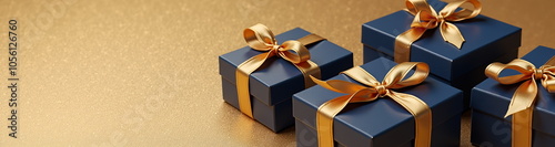 Elegant blue gift boxes with gold ribbons on golden background