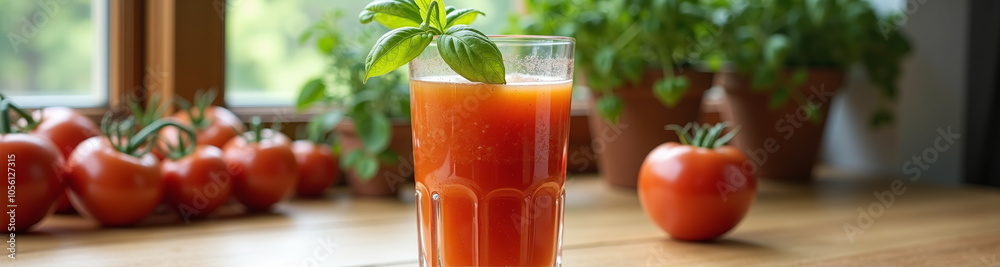 Fototapeta premium Fresh tomato juice with basil in glass on wooden table