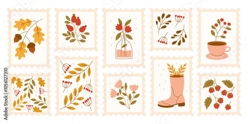 Vintage postage stamps with autumn leaves and berries set for letters and scrapbooking decor