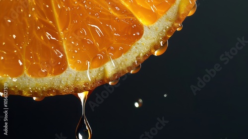 Close-up of a juicy orange slice with water droplets against a dark background, highlighting its vibrant color and fresh texture