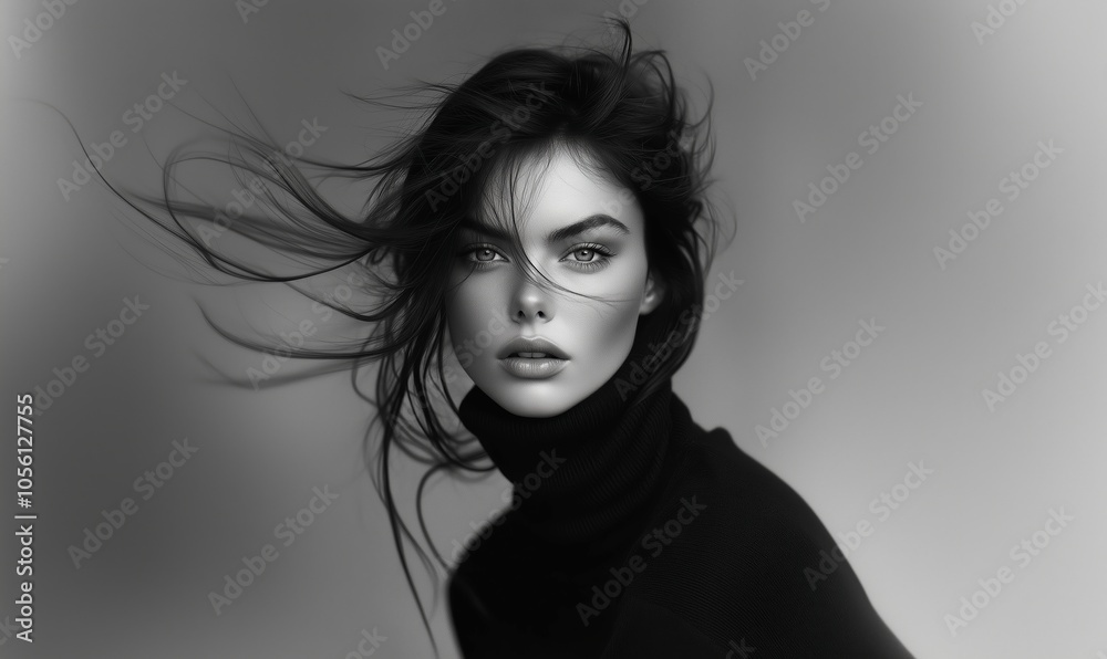 A Striking Black and White Portrait of a Woman With Flowing Hair Captured in a Minimalist Setting Against a Soft Background A Striking Black and White Portrait of a Woman With Flowing Hair Captured in a Minimalist Setting Against a Soft Background