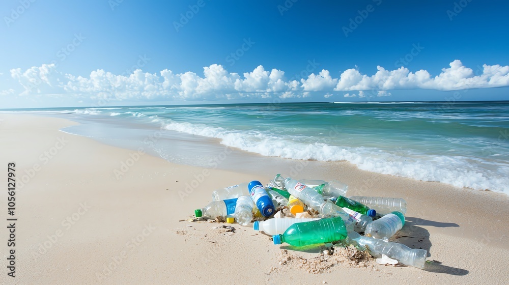 A scenic view of a beach contaminated with plastic waste, highlighting environmental pollution and the need for clean beaches. A scenic view of a beach contaminated with plastic waste, highlighting environmental pollution and the need for clean beaches.