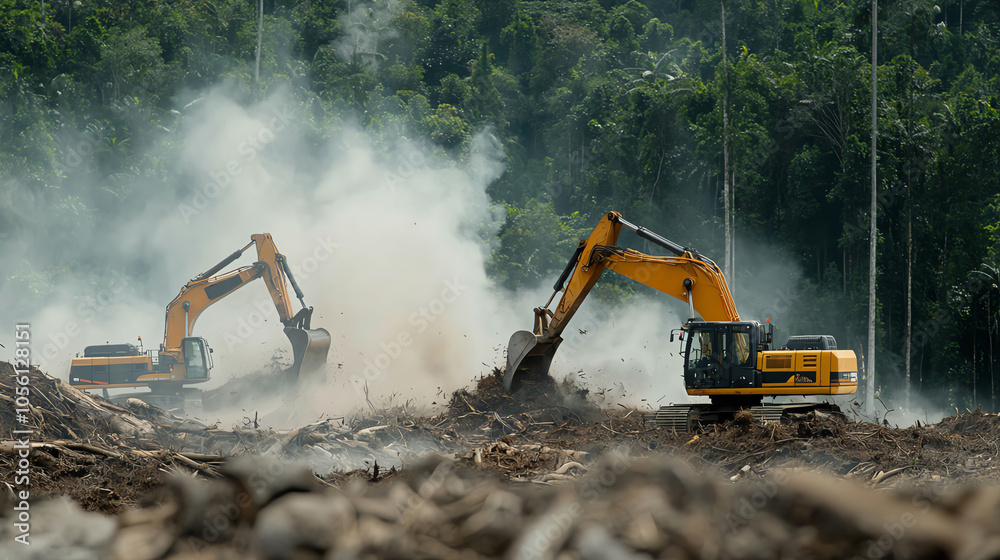Excavators clear trees from a forested area, creating dust clouds amidst a natural landscape. Environmental impact evident. Excavators clear trees from a forested area, creating dust clouds amidst a natural landscape. Environmental impact evident.