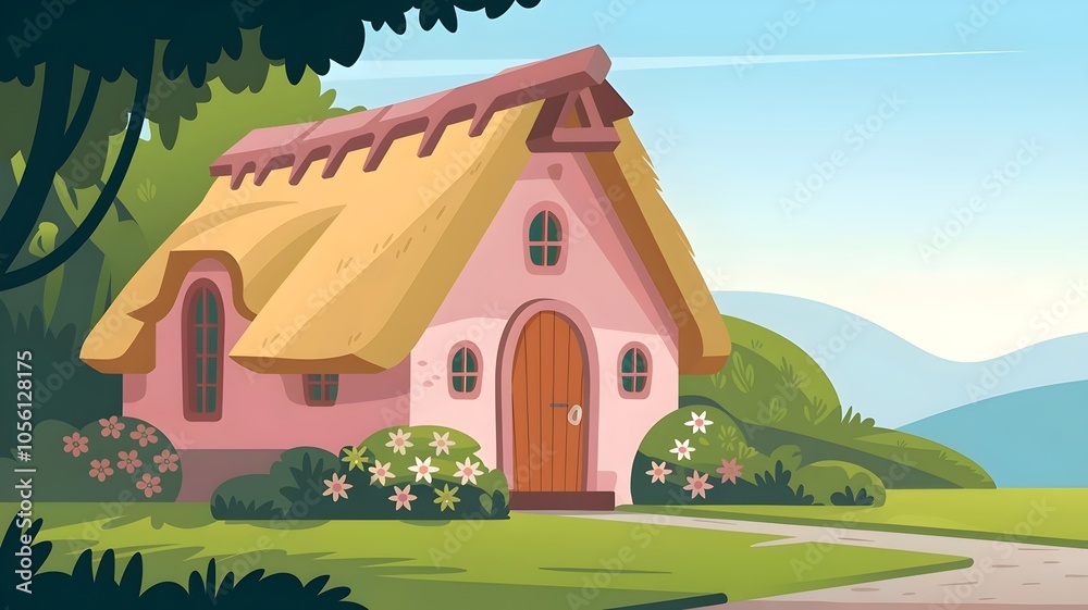 Naklejka premium Pink cottage with thatched roof and flowers in lush garden with hills
