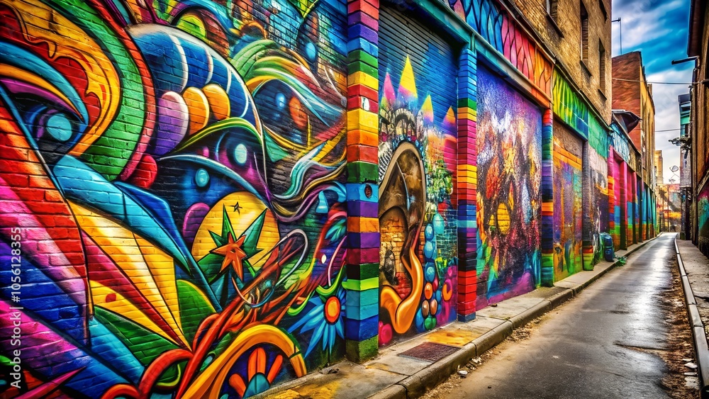 Fototapeta premium Vibrant street art mural, colorful urban design, creative expression on walls, city alleyway