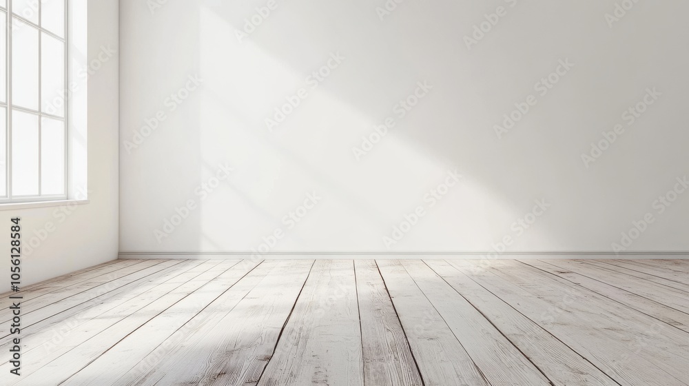 Empty room with white walls, large window on left, sunlight casting a shadow on the floor, clean wooden flooring Empty room with white walls, large window on left, sunlight casting a shadow on the floor, clean wooden flooring