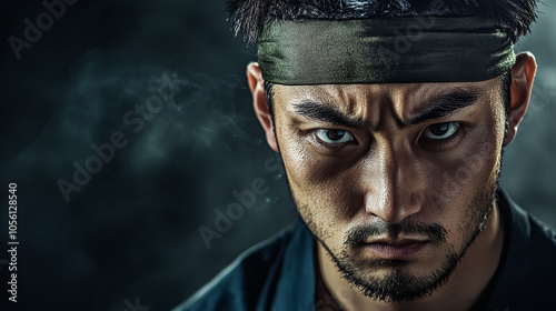 Strong-willed Japanese man with hachimaki photo