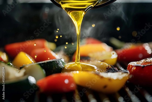 Drizzling golden olive oil over vibrant grilled vegetables in a warm kitchen. Generative AI photo