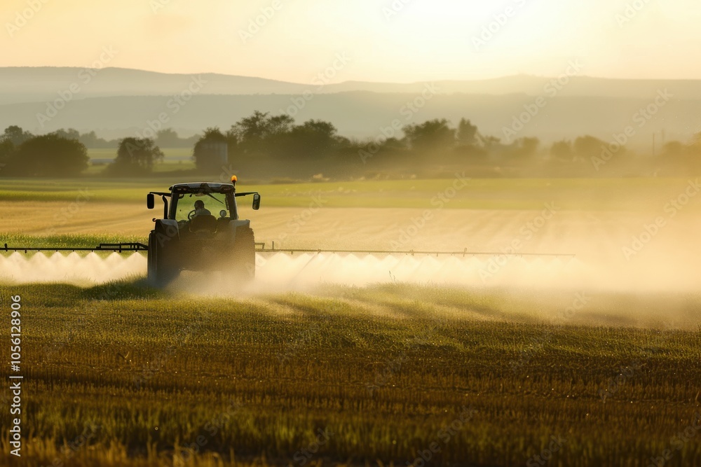 Fototapeta premium Tractor sprays water on crops during golden hour