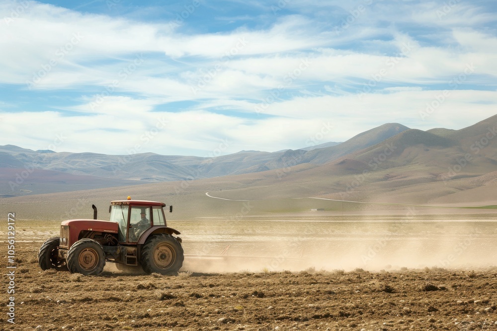 Tractor plowing in a vast desert landscape under a clear sky Tractor plowing in a vast desert landscape under a clear sky
