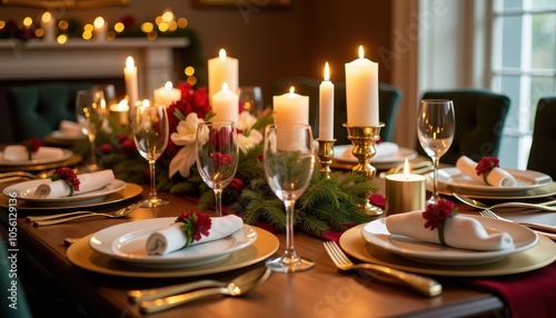 Elegant holiday table arrangement featuring candlelit centerpieces with gold accents and luxurious dinnerware for a festive celebration.