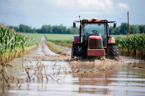 Tractor driving through muddy water on a flooded farmland road