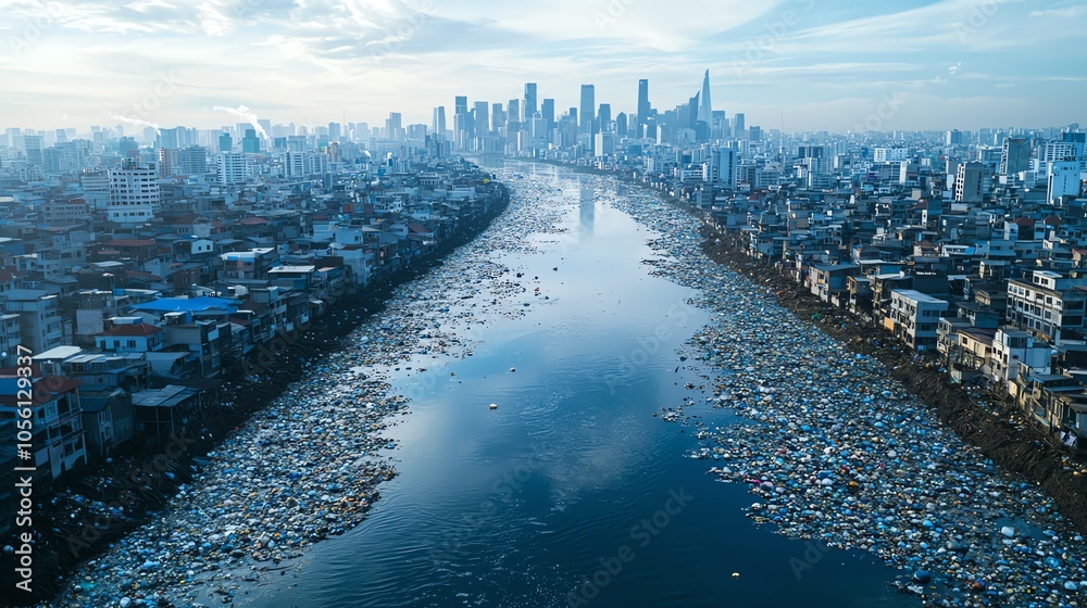 Fototapeta premium Aerial view of a polluted river surrounded by urban buildings, showcasing waste accumulation amid a city skyline under cloudy skies.