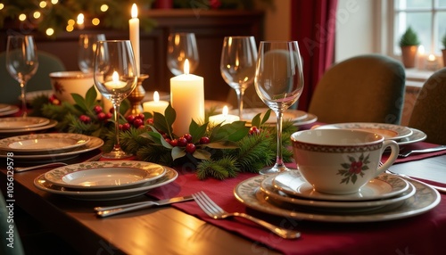 Wallpaper Mural Traditional Christmas feast table setting with holly berry decor candlelight and festive holiday dinnerware. Torontodigital.ca