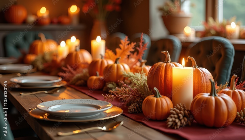 Autumn festival table setting with warm candles decorative pumpkins and seasonal decor for a festive fall celebration. Autumn festival table setting with warm candles decorative pumpkins and seasonal decor for a festive fall celebration.