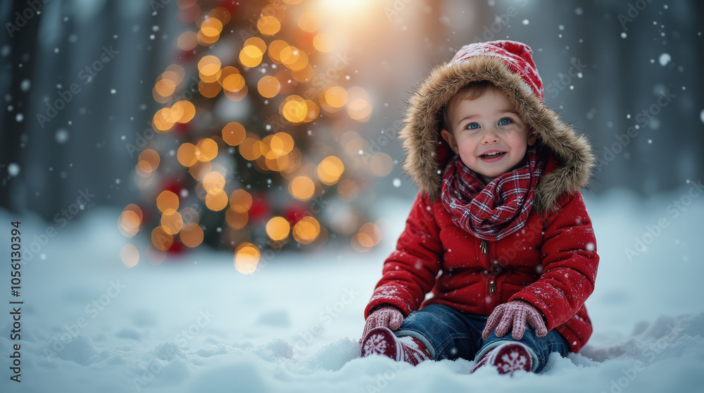 Magical Christmas Moments: Child Enjoying Snow Play with Festive Lights and Winter Wonderland Scene Magical Christmas Moments: Child Enjoying Snow Play with Festive Lights and Winter Wonderland Scene