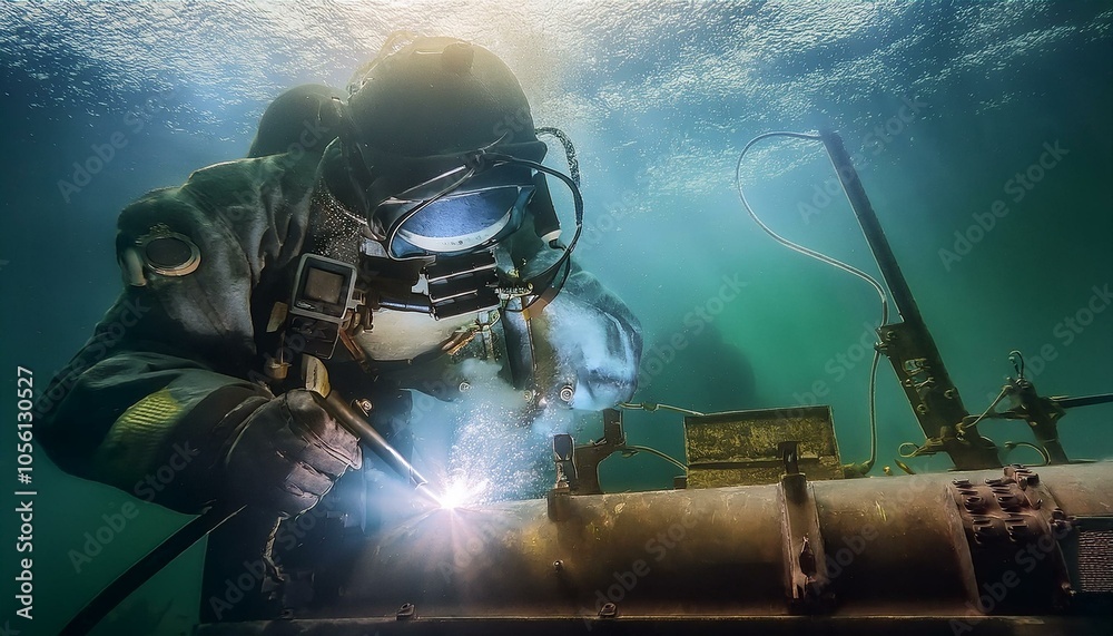 Professional underwater welder working underwater Professional underwater welder working underwater