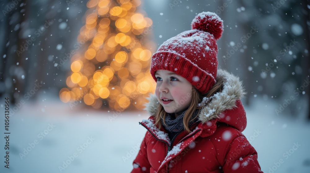 Magical Christmas Moments: Child Enjoying Snow Play with Festive Lights and Winter Wonderland Scene Magical Christmas Moments: Child Enjoying Snow Play with Festive Lights and Winter Wonderland Scene