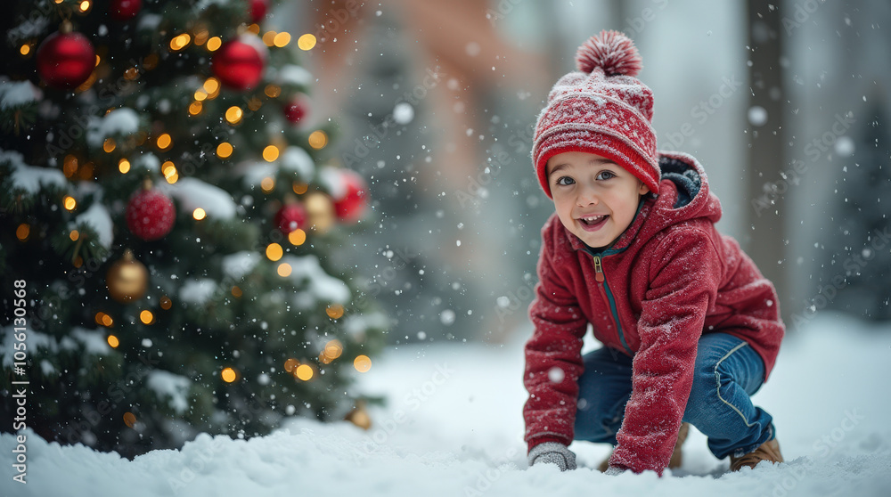 Magical Christmas Moments: Child Enjoying Snow Play with Festive Lights and Winter Wonderland Scene Magical Christmas Moments: Child Enjoying Snow Play with Festive Lights and Winter Wonderland Scene