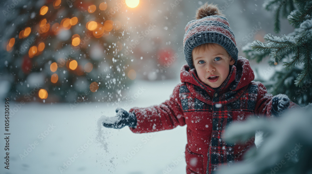 Magical Christmas Moments: Child Enjoying Snow Play with Festive Lights and Winter Wonderland Scene Magical Christmas Moments: Child Enjoying Snow Play with Festive Lights and Winter Wonderland Scene