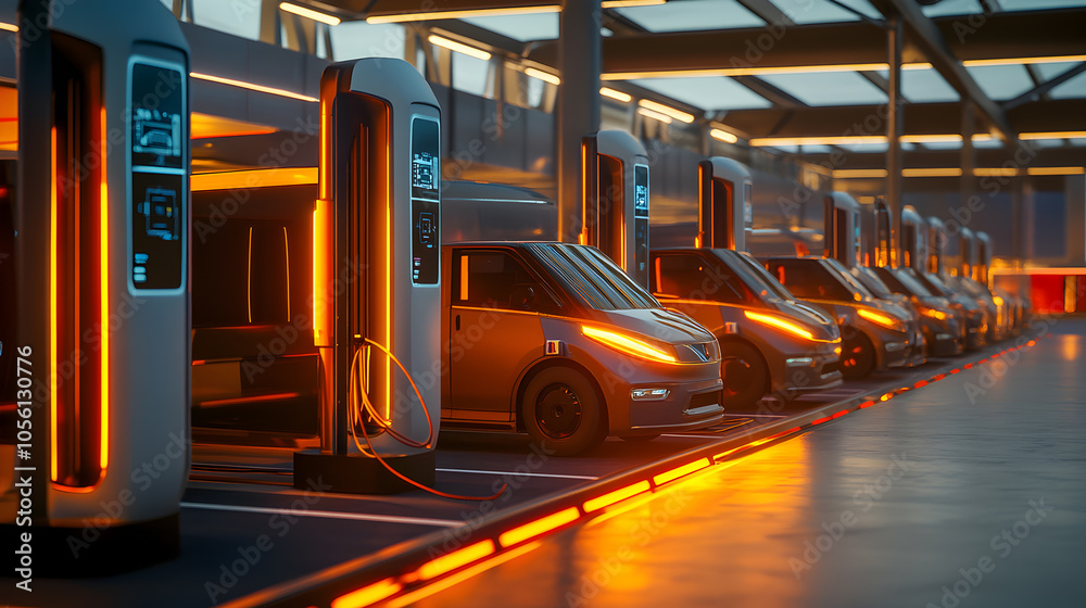Row of electric vehicles charging at a futuristic station. Row of electric vehicles charging at a futuristic station.
