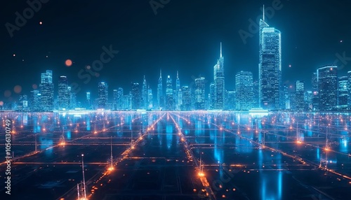 Futuristic cityscape, neon blue lights, tech innovation, perfect for scifi visuals