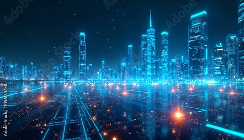 Futuristic neon cityscape with glowing blue and orange lights, digital technology concept