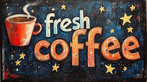 A art graffiti style picture with a cup of coffee and colorful text 