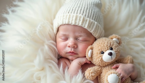 Peaceful newborn with teddy bear on soft fur, serene backdrop, symbolizes comfort