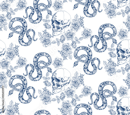 Seamless pattern with blue skulls, snakes, and floral designs on a white background, creating a unique and artistic design