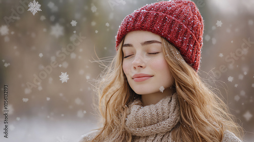 Young Woman Enjoying Winter Snowfall in Red Hat and Scarf