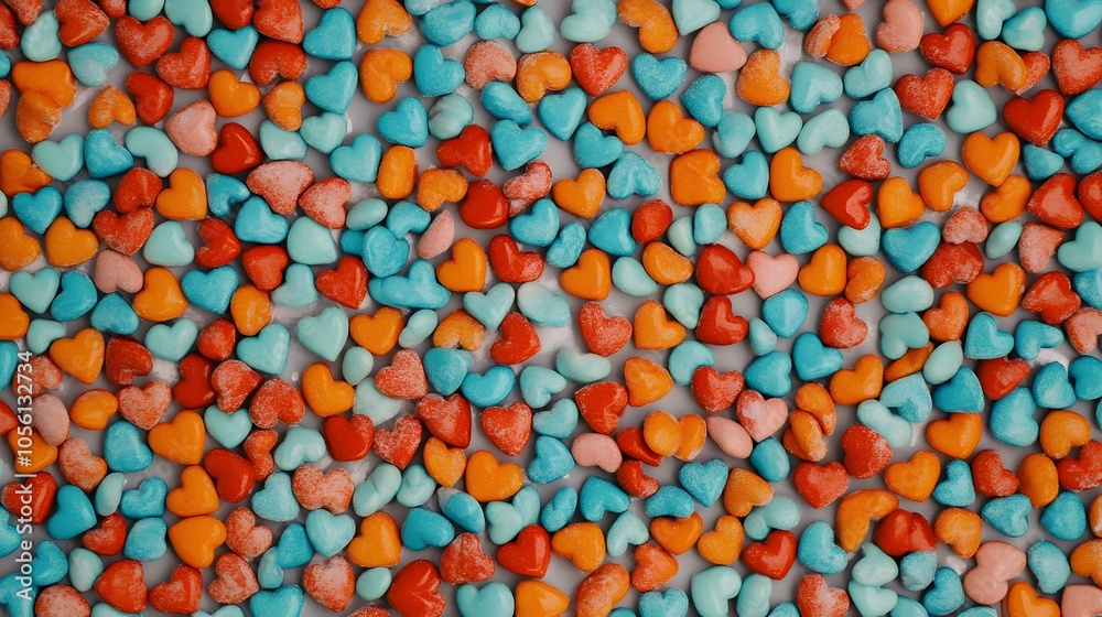 Colorful heart-shaped candies scattered on a white surface.