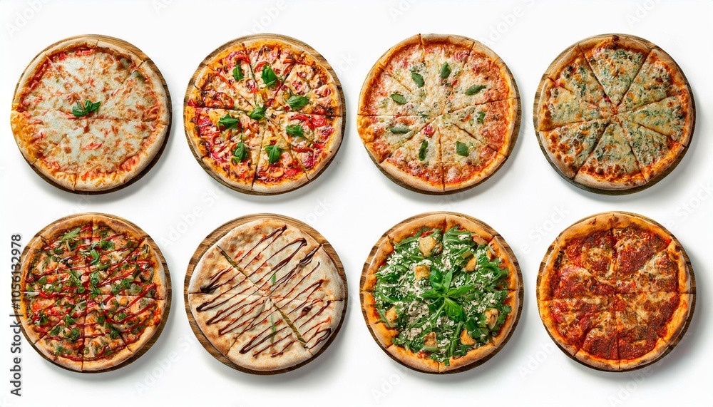 Set of different pizzas top view set. isolated on white background. pesto pizza, BBQ chicken pizza, fajita pizza, Italian pizza. Set of different pizzas top view set. isolated on white background. pesto pizza, BBQ chicken pizza, fajita pizza, Italian pizza.