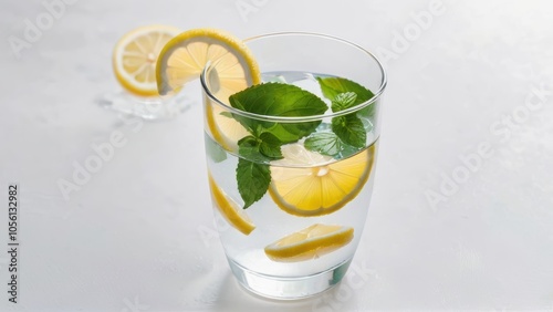 Refreshing Lemon and Mint Infused Water in a Glass photo