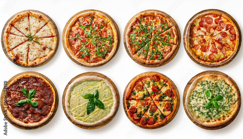Set of different pizzas top view set. isolated on white background. pesto pizza, BBQ chicken pizza, fajita pizza, Italian pizza. Set of different pizzas top view set. isolated on white background. pesto pizza, BBQ chicken pizza, fajita pizza, Italian pizza.