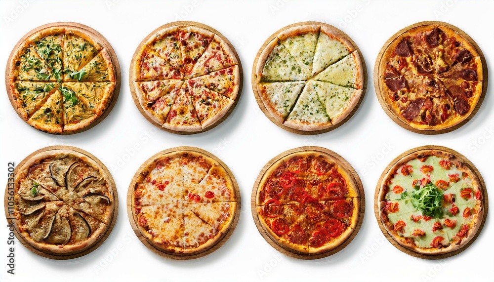 Set of different pizzas top view set. isolated on white background. pesto pizza, BBQ chicken pizza, fajita pizza, Italian pizza. Set of different pizzas top view set. isolated on white background. pesto pizza, BBQ chicken pizza, fajita pizza, Italian pizza.