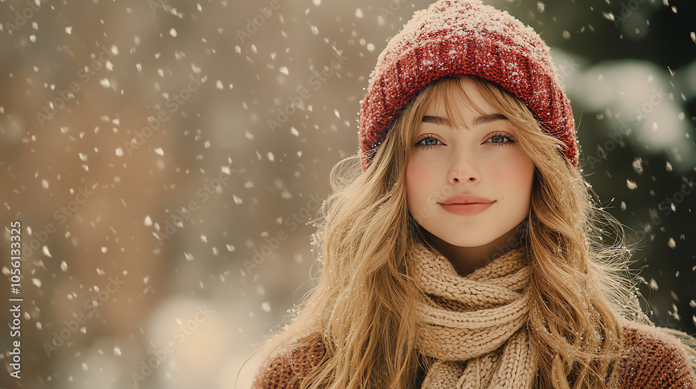 Young Woman Enjoying Winter Snowfall in Red Hat and Scarf Young Woman Enjoying Winter Snowfall in Red Hat and Scarf