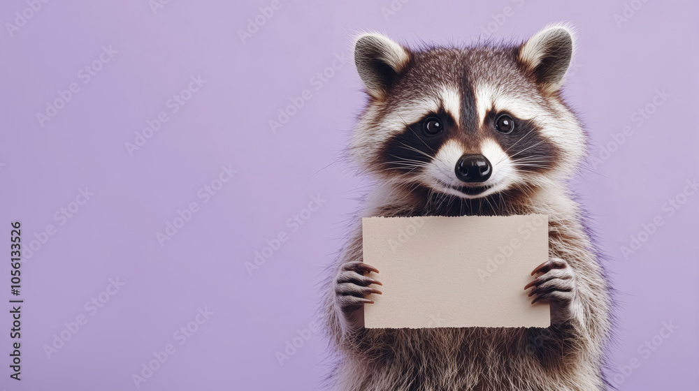 A cool raccoon isolated on a pastel purple background holding a rectangular mockup piece of paper in its paws, blank space for text. A cool raccoon isolated on a pastel purple background holding a rectangular mockup piece of paper in its paws, blank space for text.
