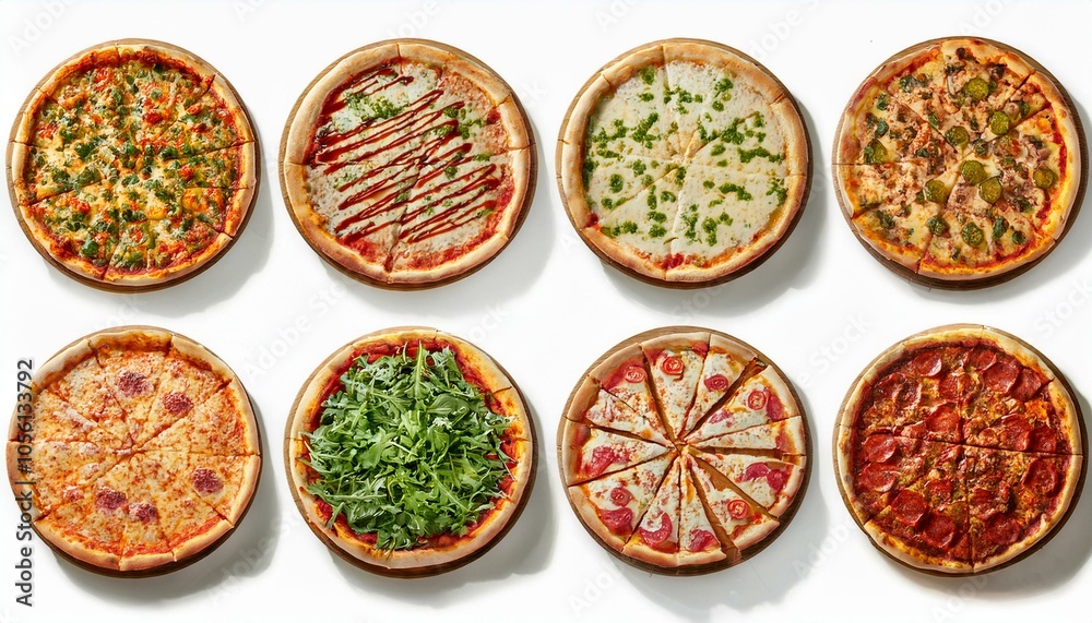 Set of different pizzas top view set. isolated on white background. pesto pizza, BBQ chicken pizza, fajita pizza, Italian pizza. Set of different pizzas top view set. isolated on white background. pesto pizza, BBQ chicken pizza, fajita pizza, Italian pizza.