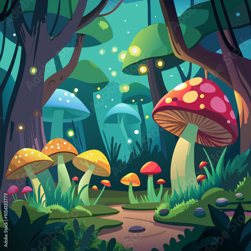Enchanted forest with glowing mushrooms and fireflies, a whimsical illustration perfect for fantasy settings, children's stories, or magical designs.