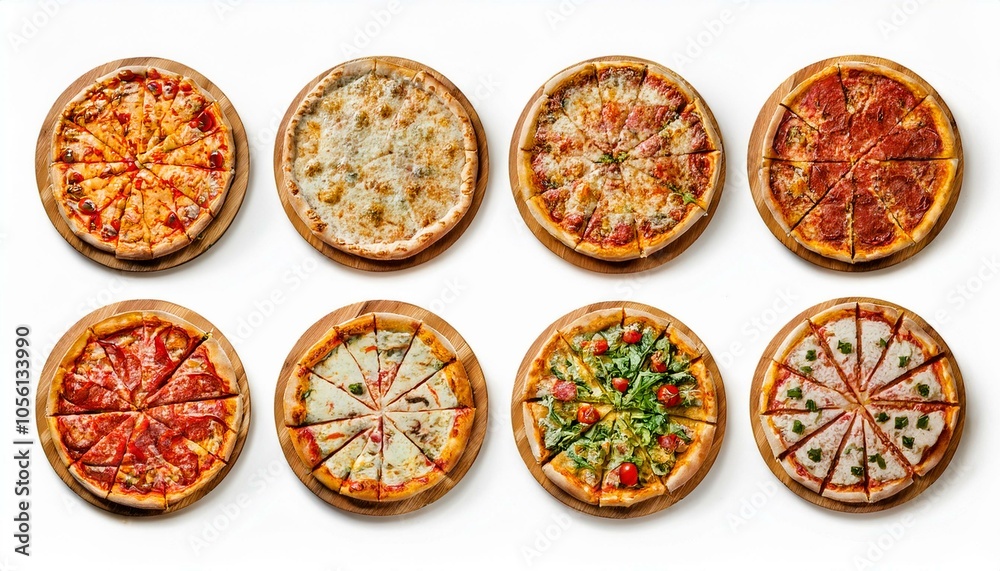Set of different pizzas top view set. isolated on white background. pesto pizza, BBQ chicken pizza, fajita pizza, Italian pizza. Set of different pizzas top view set. isolated on white background. pesto pizza, BBQ chicken pizza, fajita pizza, Italian pizza.