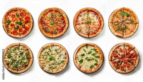 Set of different pizzas top view set. isolated on white background. pesto pizza, BBQ chicken pizza, fajita pizza, Italian pizza.